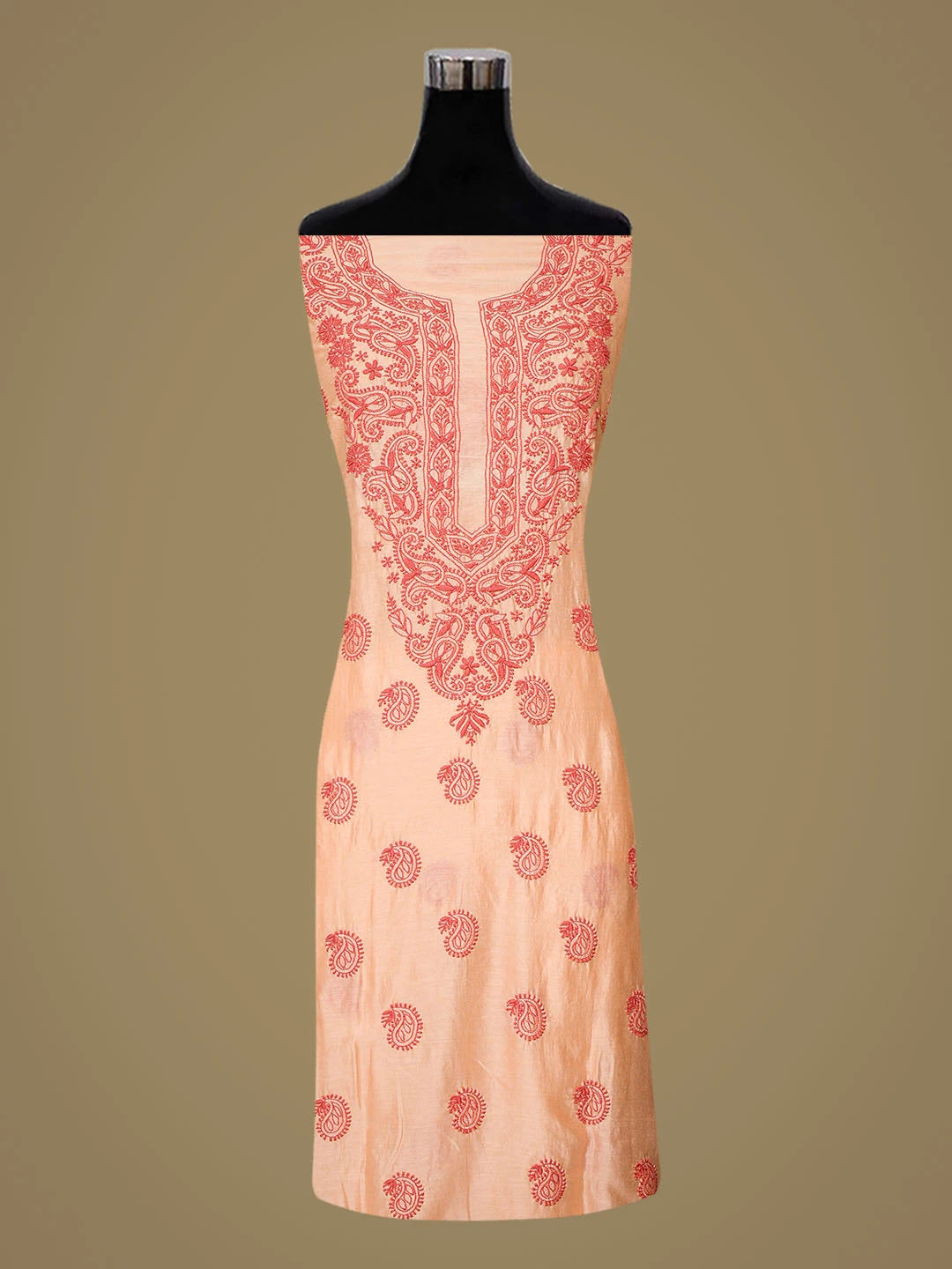 Ada Hand Embroidered Peach Chanderi Lucknowi Chikankari Unstitched Kurta Dupatta Set 01A38247