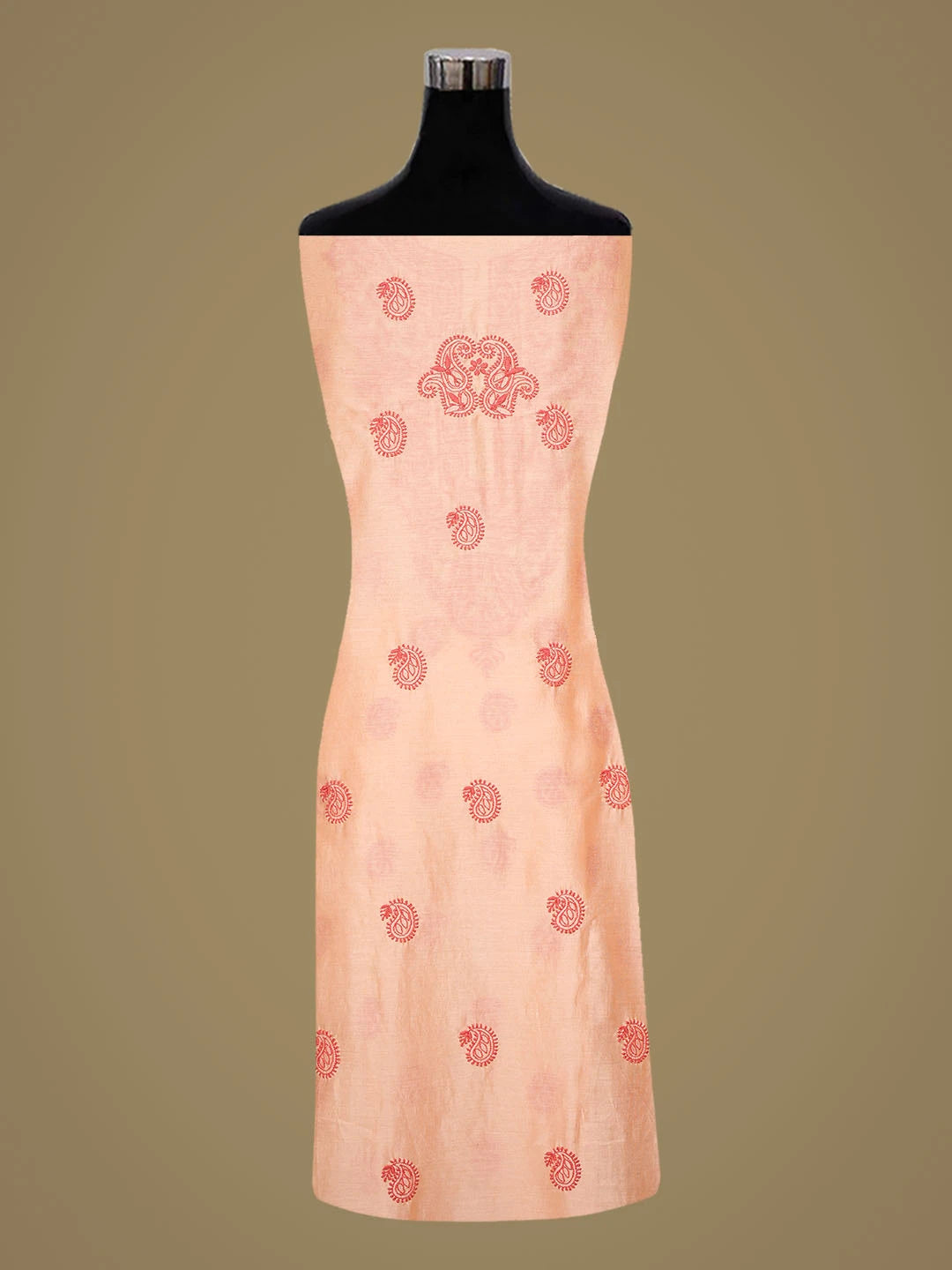 Ada Hand Embroidered Peach Chanderi Lucknowi Chikankari Unstitched Kurta Dupatta Set 01A38247