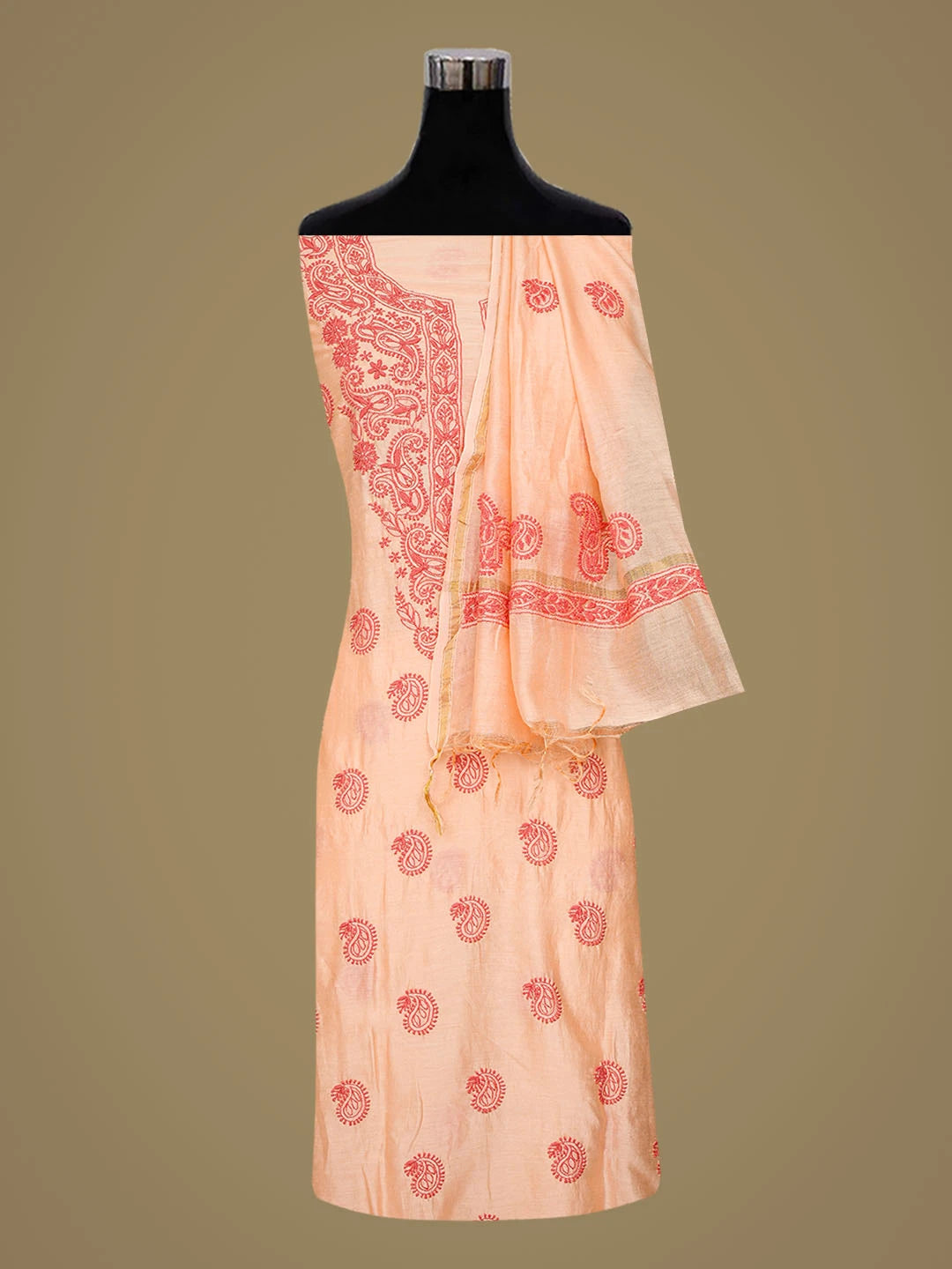 Ada Hand Embroidered Peach Chanderi Lucknowi Chikankari Unstitched Kurta Dupatta Set 01A38247
