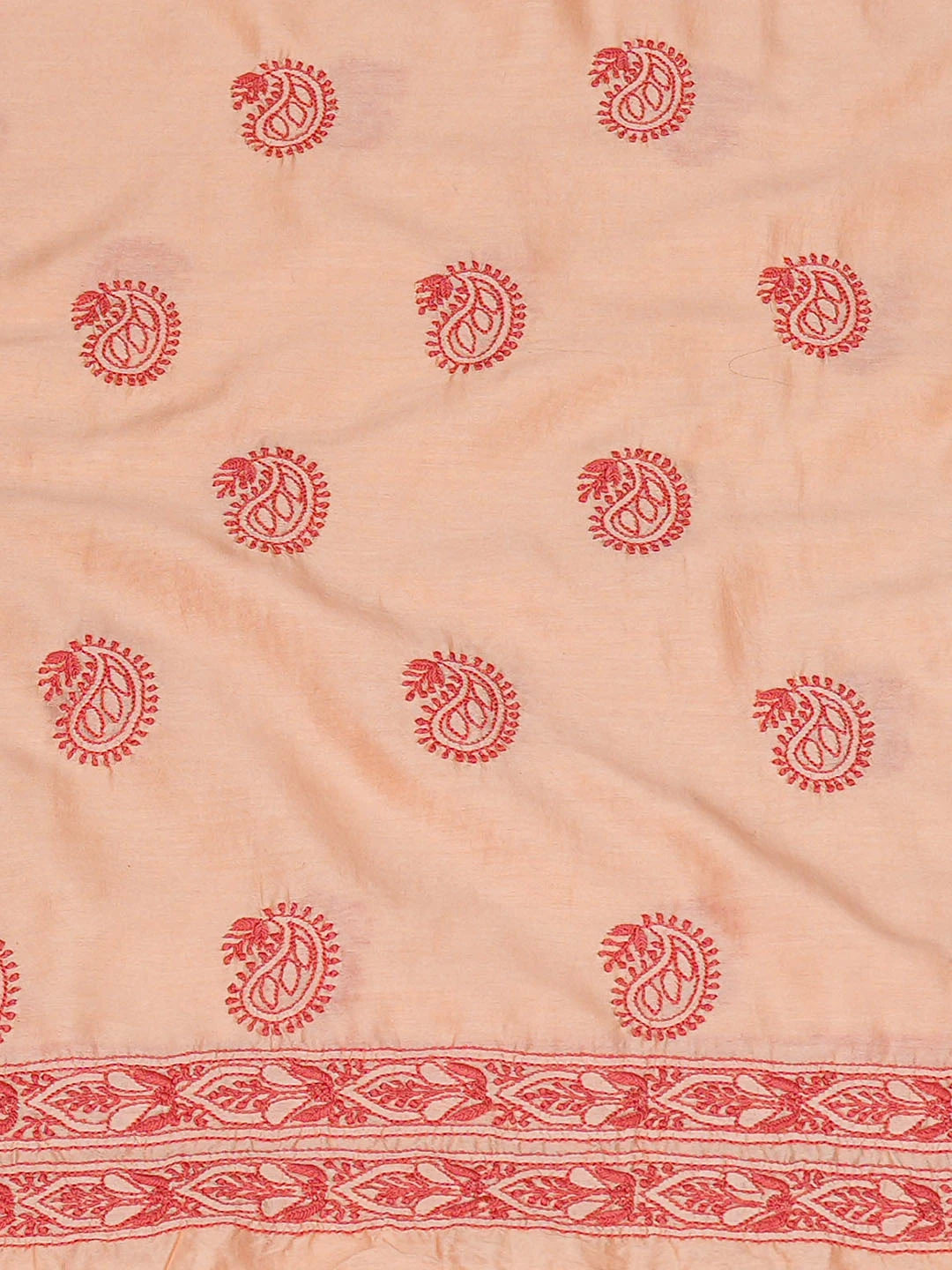 Ada Hand Embroidered Peach Chanderi Lucknowi Chikankari Unstitched Kurta Dupatta Set 01A38247