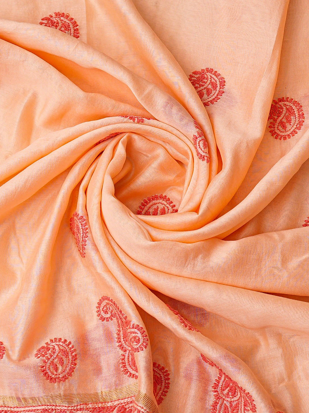 Ada Hand Embroidered Peach Chanderi Lucknowi Chikankari Unstitched Kurta Dupatta Set 01A38247