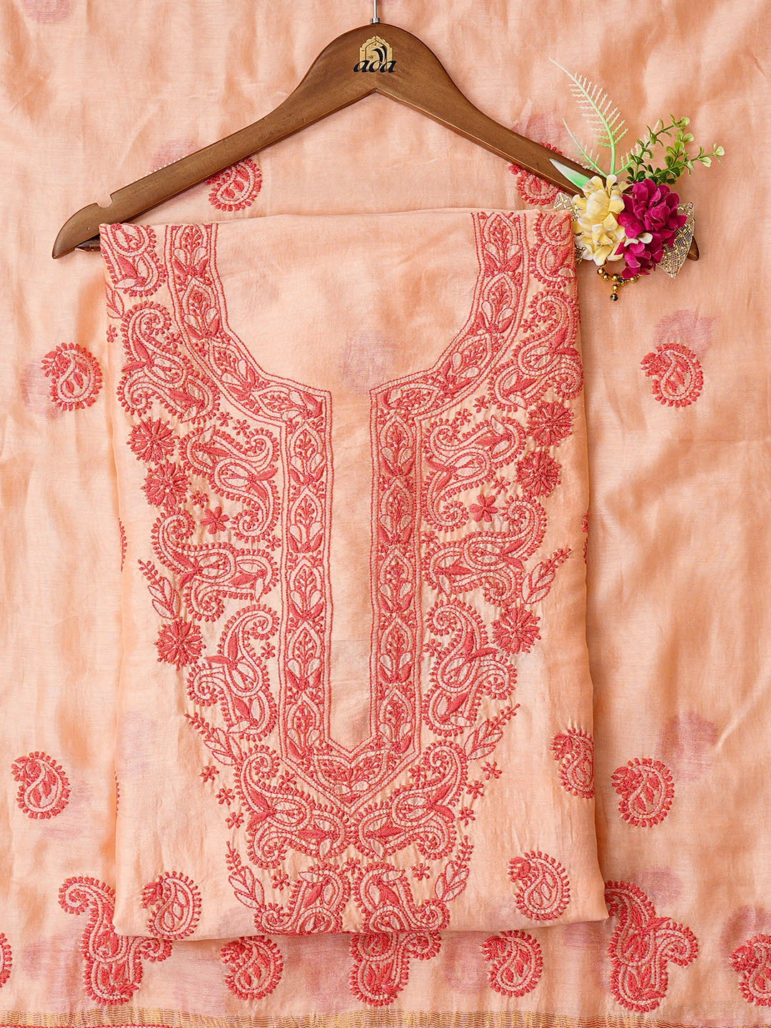 Ada Hand Embroidered Peach Chanderi Lucknowi Chikankari Unstitched Kurta Dupatta Set 01A38247