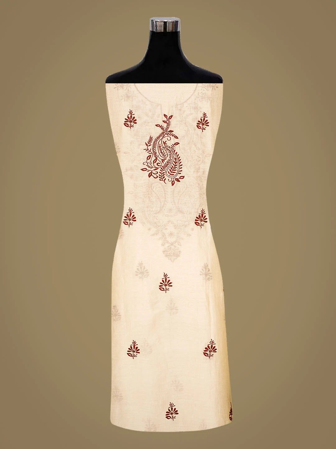 Ada Hand Embroidered Fawn Chanderi Lucknowi Chikankari Unstitched Kurta Dupatta Set 01A728799