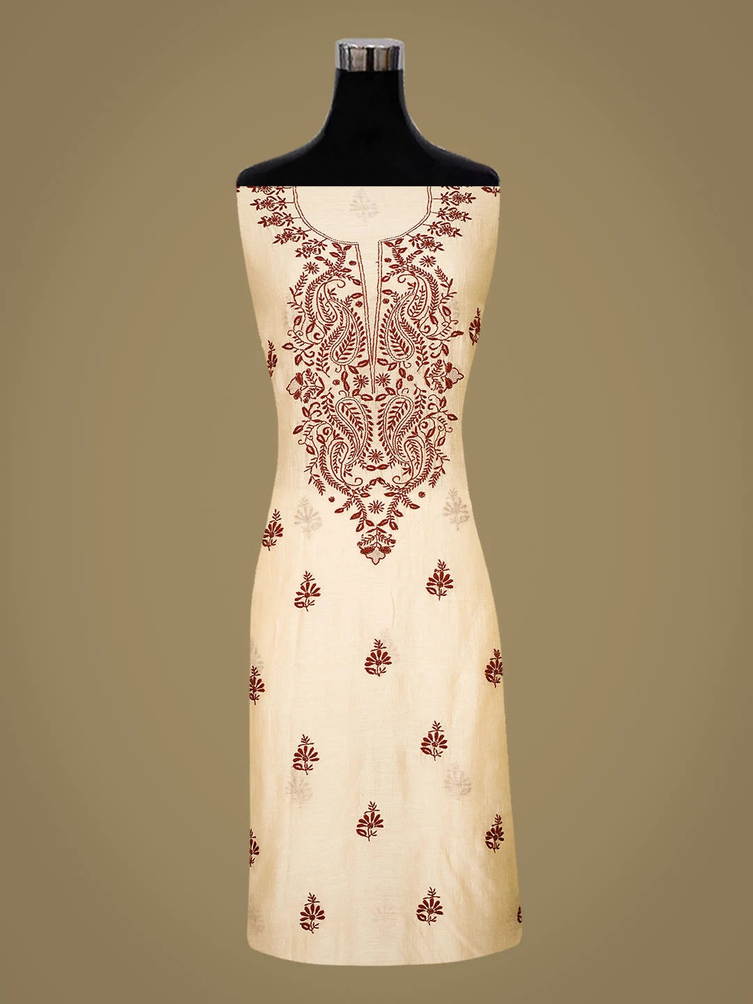 Ada Hand Embroidered Fawn Chanderi Lucknowi Chikankari Unstitched Kurta Dupatta Set 01A728799