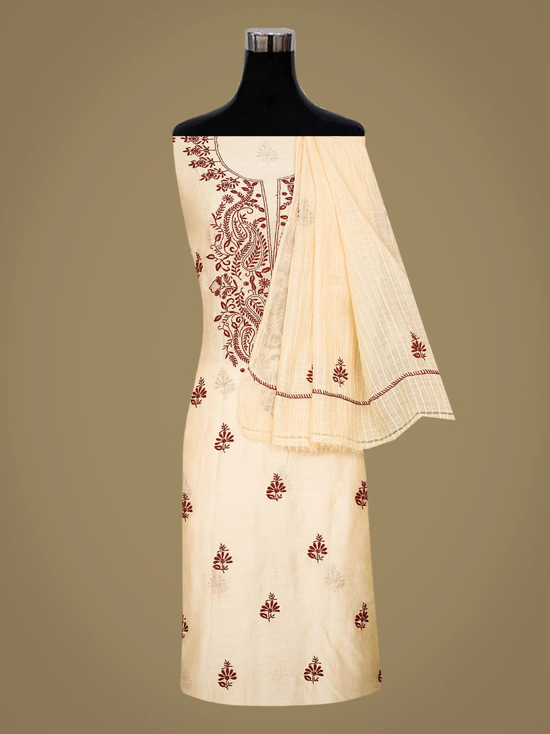 Ada Hand Embroidered Fawn Chanderi Lucknowi Chikankari Unstitched Kurta Dupatta Set 01A728799