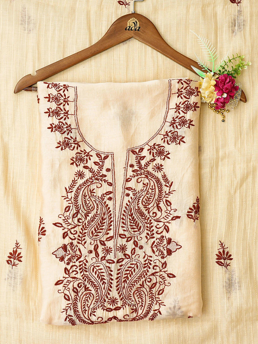 Ada Hand Embroidered Fawn Chanderi Lucknowi Chikankari Unstitched Kurta Dupatta Set 01A728799