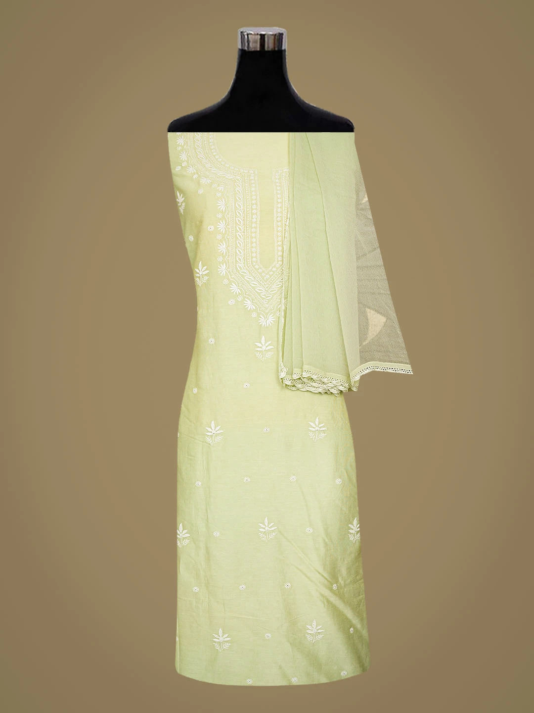 Ada Hand Embroidered Pista Green Chanderi Lucknowi Chikankari Unstitched Suit Piece 01A791848
