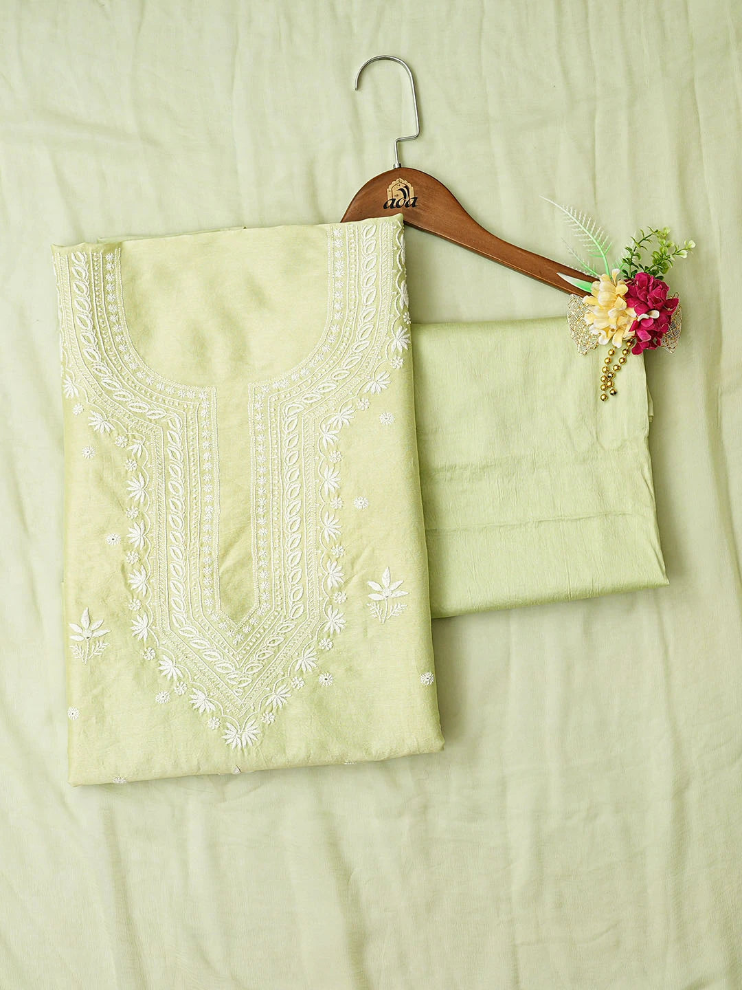 Ada Hand Embroidered Pista Green Chanderi Lucknowi Chikankari Unstitched Suit Piece 01A791848