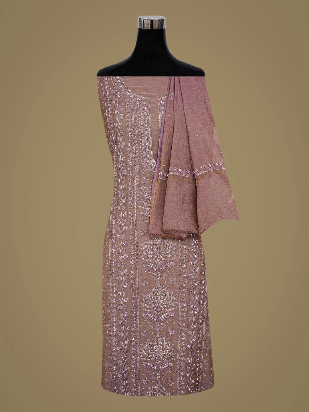 Ada Hand Embroidered Light Wine Tissue Lucknowi Chikankari Unstitched Kurta Dupatta Set With Cutdana Work 01A753349