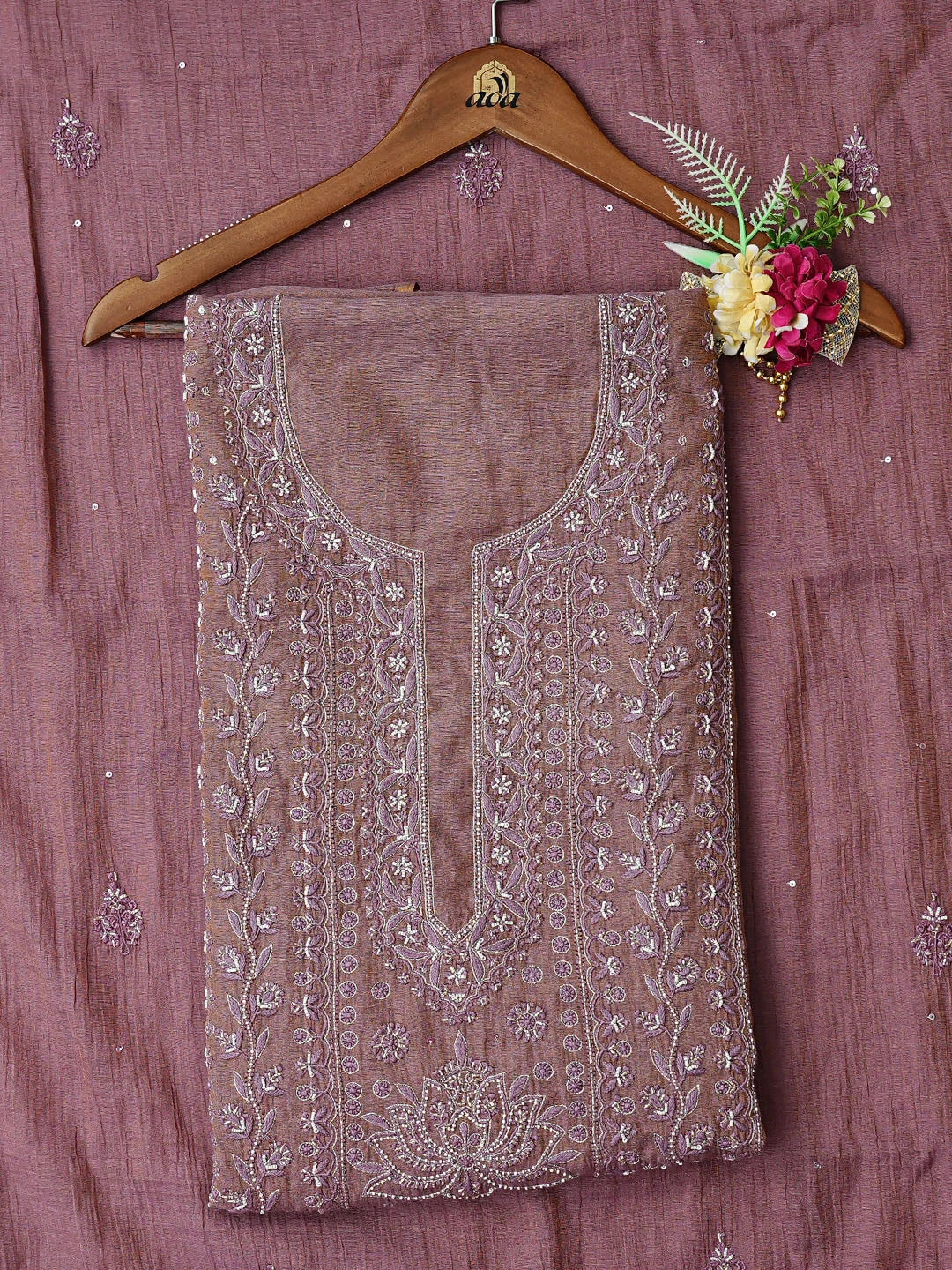 Ada Hand Embroidered Light Wine Tissue Lucknowi Chikankari Unstitched Kurta Dupatta Set With Cutdana Work 01A753349