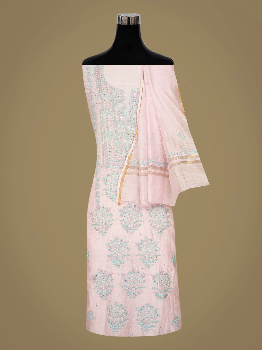 Ada Hand Embroidered Pink Chanderi Lucknowi Chikankari Unstitched Kurta Dupatta Set With Cutdana Work 01A502535