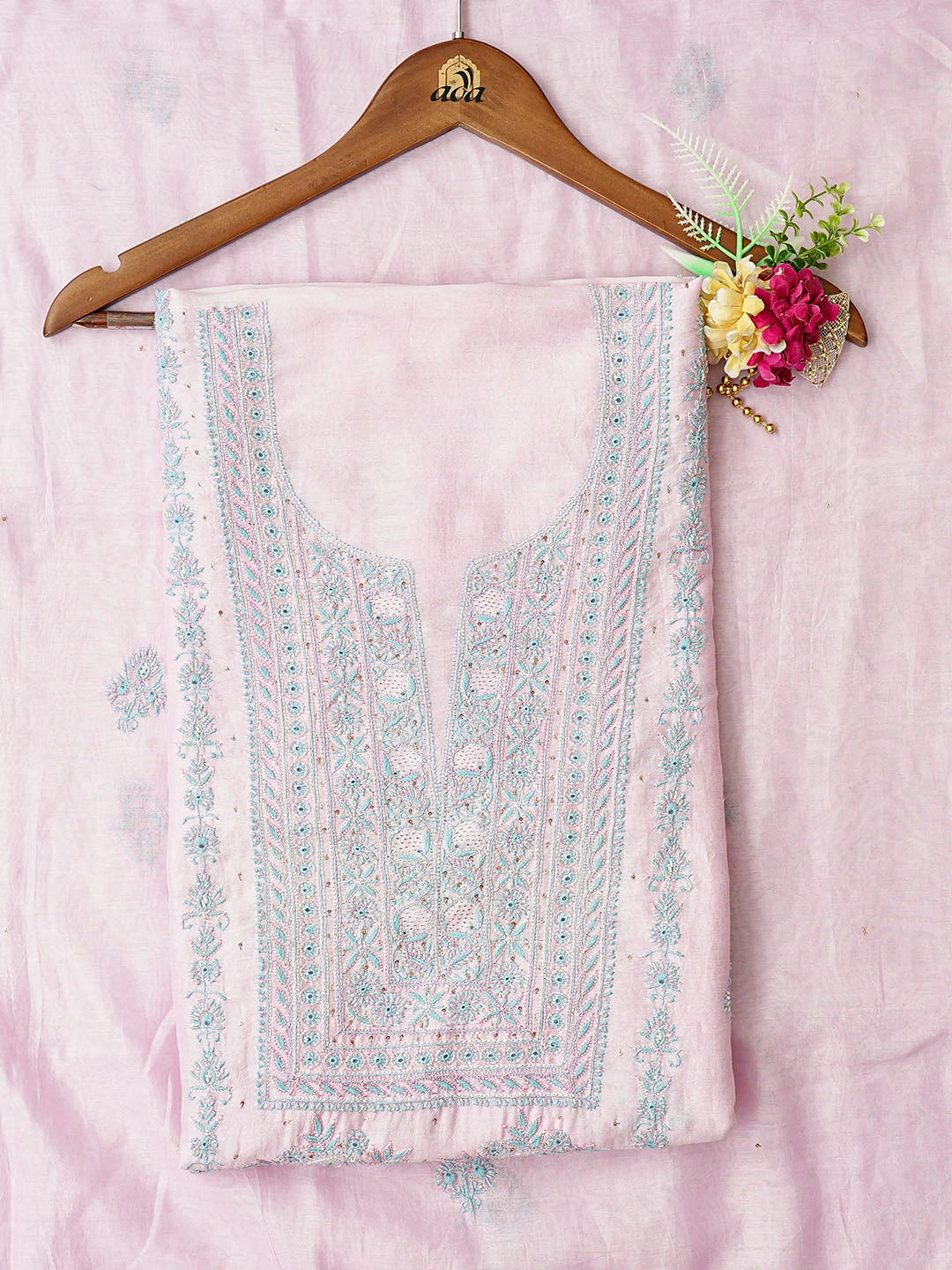 Ada Hand Embroidered Pink Chanderi Lucknowi Chikankari Unstitched Kurta Dupatta Set With Cutdana Work 01A502535