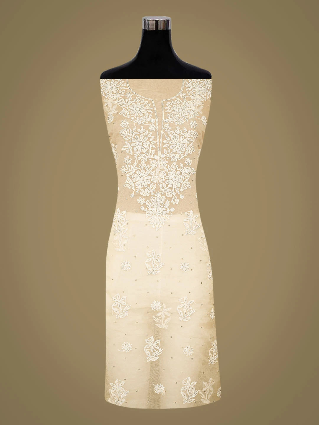 Ada Hand Embroidered Light Fawn Organza Lucknowi Chikankari Unstitched Kurta Dupatta Set With Cutdana Work 01A742208
