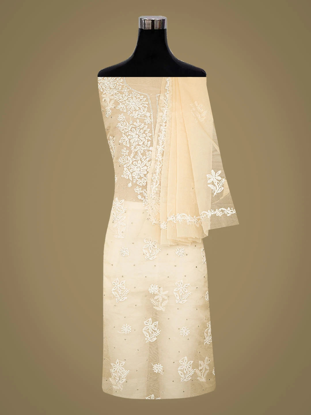 Ada Hand Embroidered Light Fawn Organza Lucknowi Chikankari Unstitched Kurta Dupatta Set With Cutdana Work 01A742208