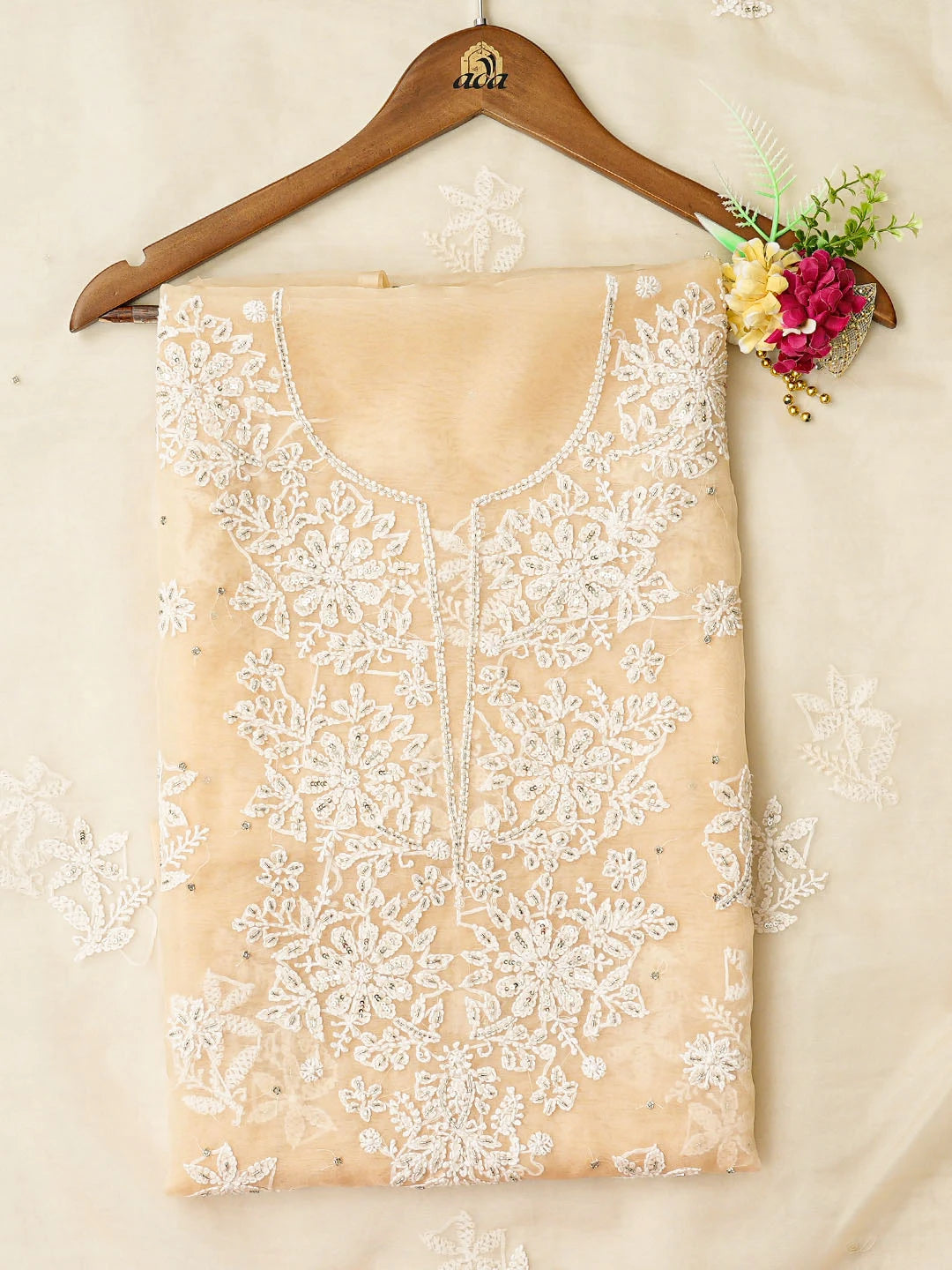 Ada Hand Embroidered Light Fawn Organza Lucknowi Chikankari Unstitched Kurta Dupatta Set With Cutdana Work 01A742208