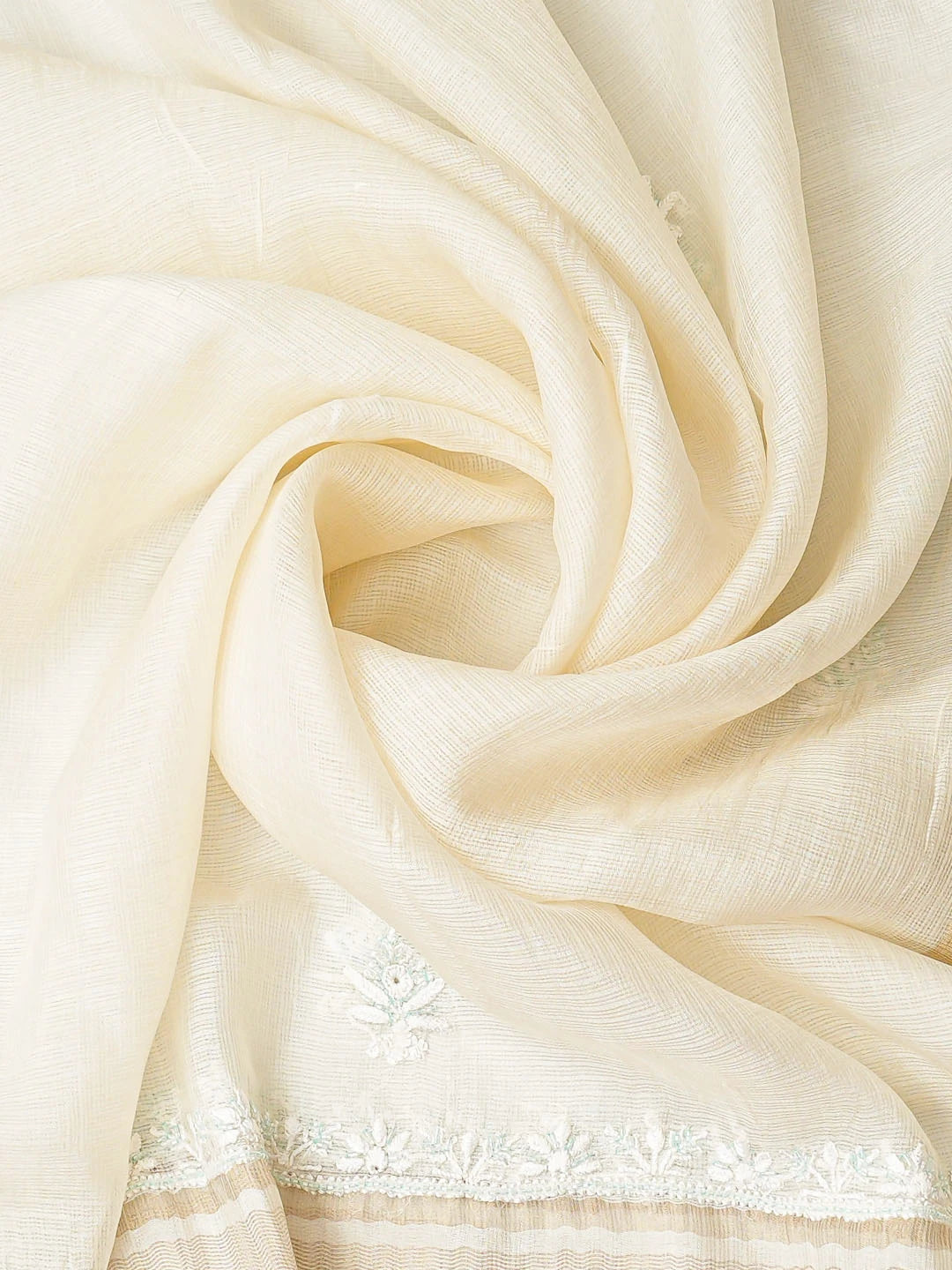 Ada Hand Embroidered White Kota Silk Lucknowi Chikankari Unstitched Kurta Dupatta Set With Cutdana Work 01A833076