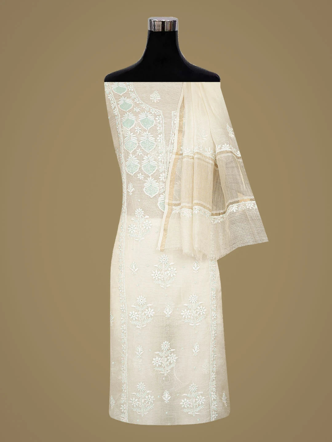 Ada Hand Embroidered White Kota Silk Lucknowi Chikankari Unstitched Kurta Dupatta Set With Cutdana Work 01A833076