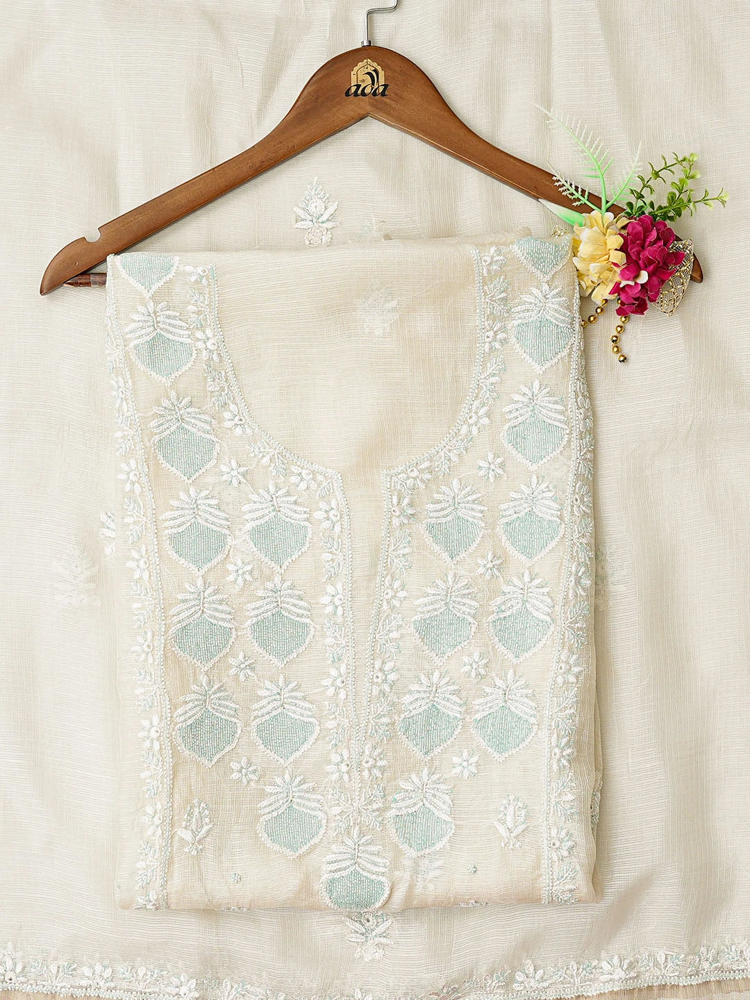Ada Hand Embroidered White Kota Silk Lucknowi Chikankari Unstitched Kurta Dupatta Set With Cutdana Work 01A833076