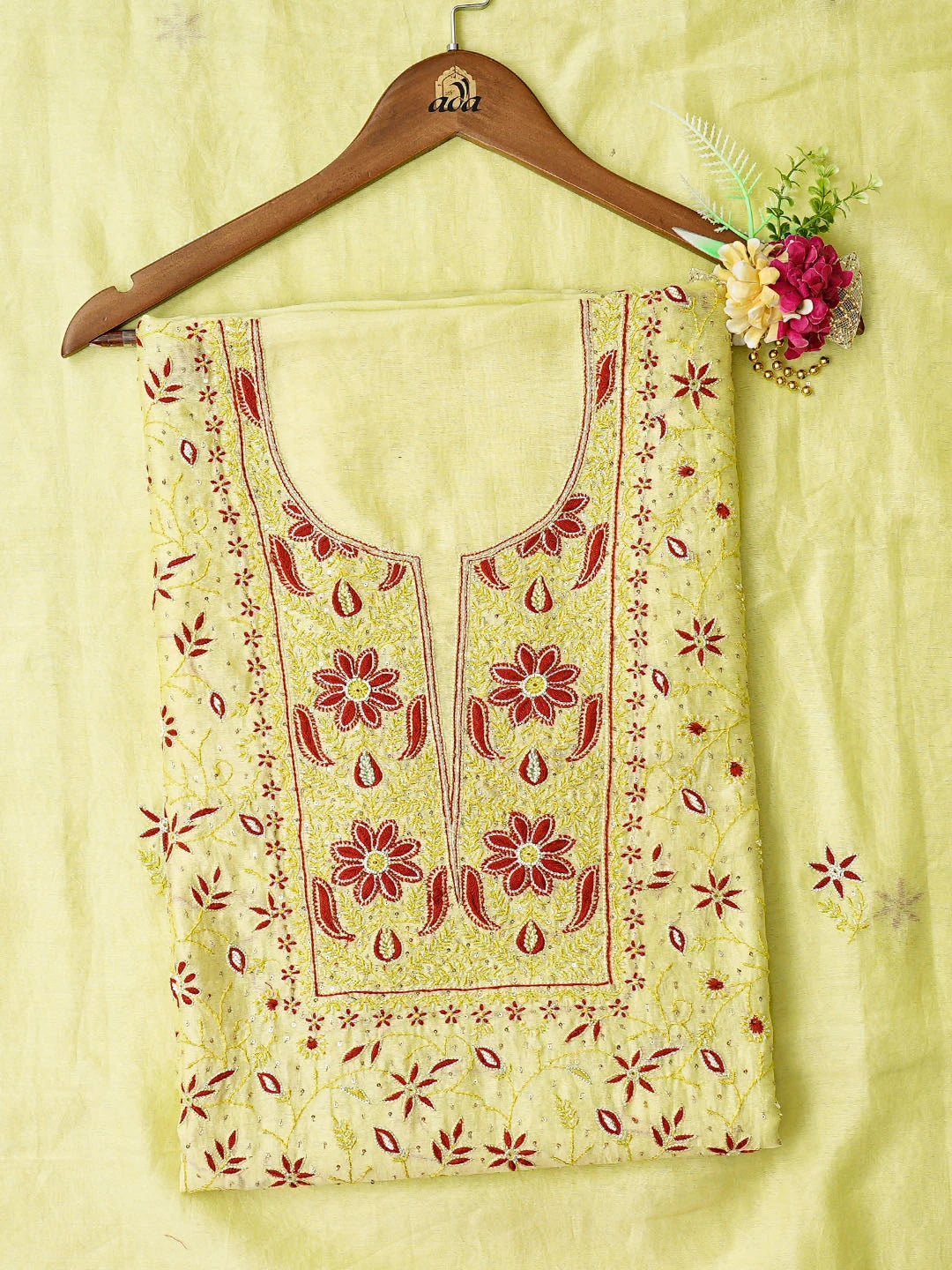 Ada Hand Embroidered Green Chanderi Lucknowi Chikankari Unstitched Kurta Dupatta Set With Cutdana Work 01A483241