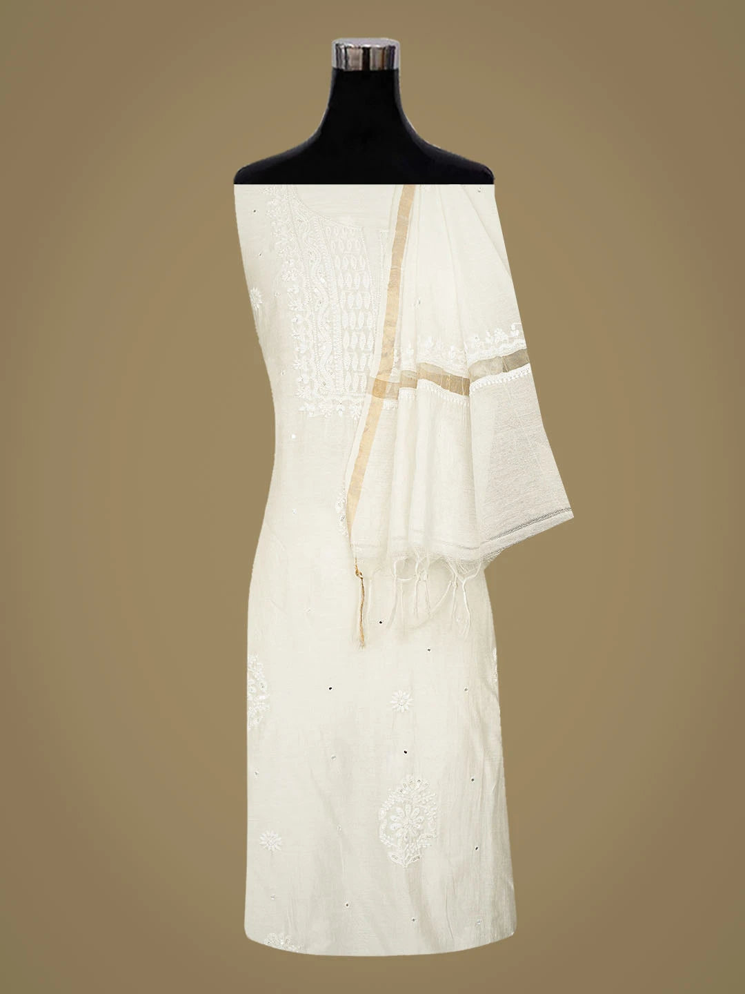 Ada Hand Embroidered White Chanderi Lucknowi Chikankari Unstitched Kurta Dupatta Set With Cutdana Work 01A403564