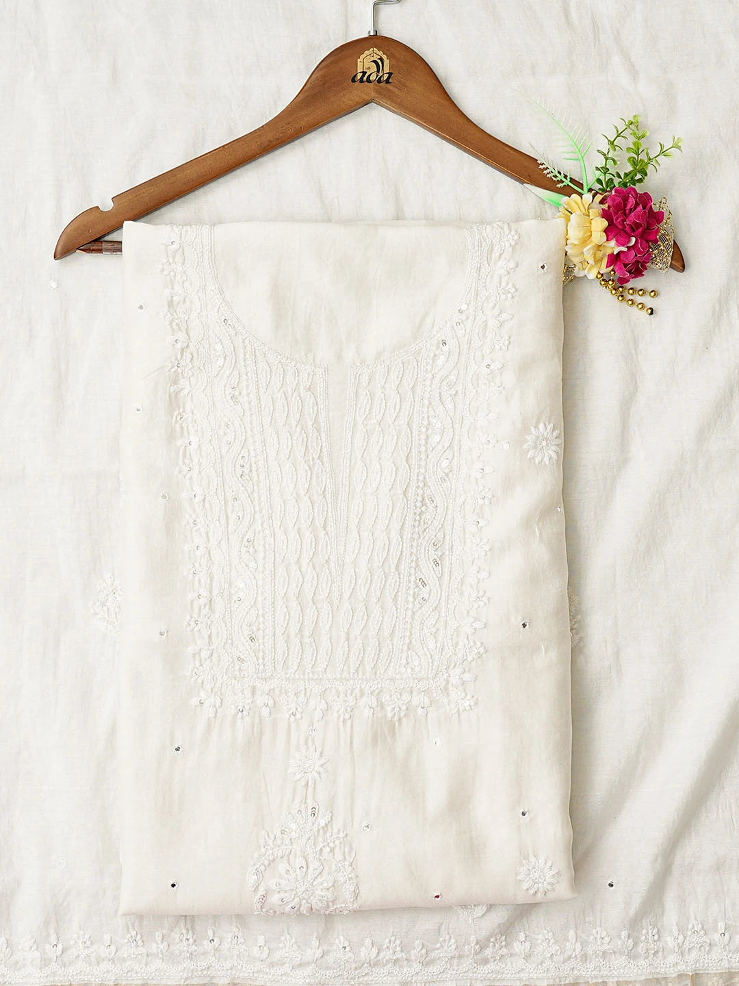 Ada Hand Embroidered White Chanderi Lucknowi Chikankari Unstitched Kurta Dupatta Set With Cutdana Work 01A403564