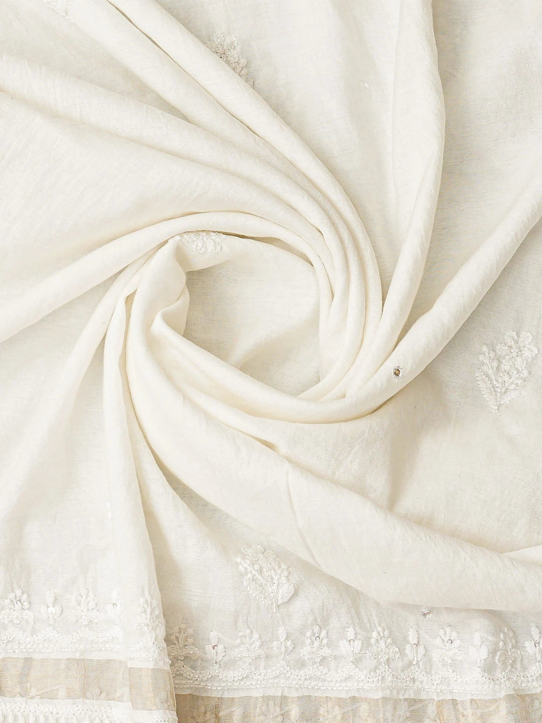 Ada Hand Embroidered White Chanderi Lucknowi Chikankari Unstitched Kurta Dupatta Set With Cutdana Work 01A403564