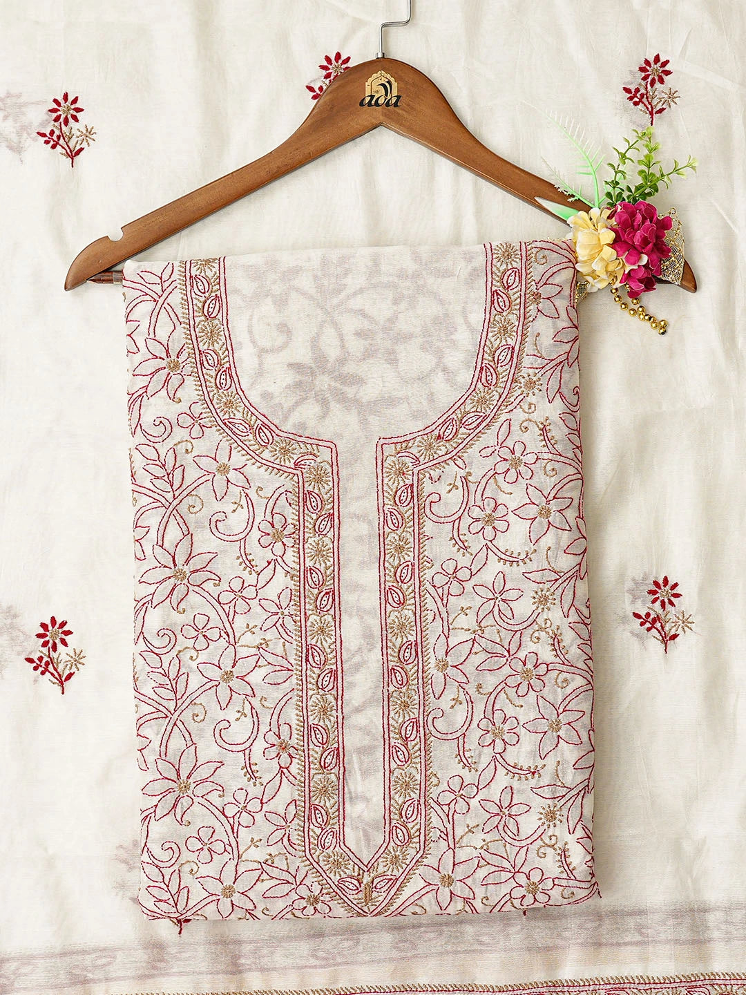 Ada Hand Embroidered White Chanderi Lucknowi Chikankari Unstitched Kurta Dupatta Set 01A809058