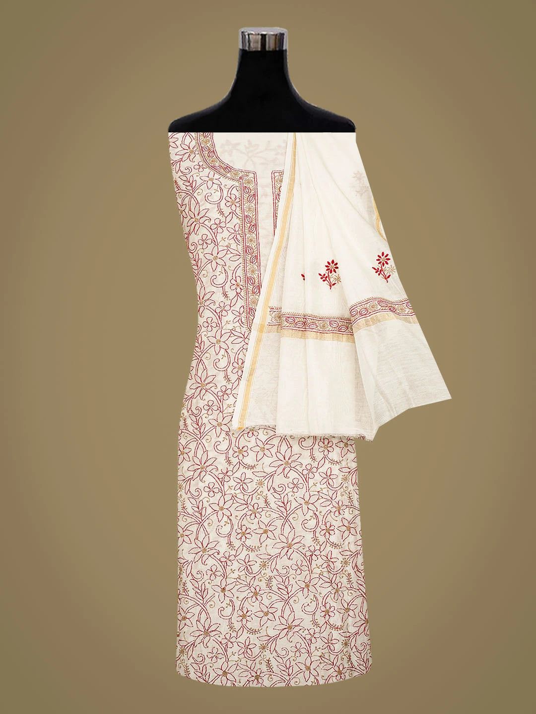 Ada Hand Embroidered White Chanderi Lucknowi Chikankari Unstitched Kurta Dupatta Set 01A809058