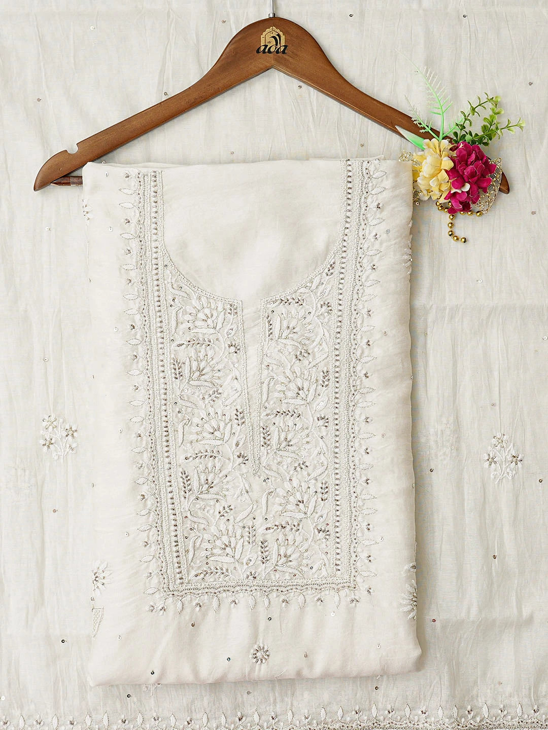 Ada Hand Embroidered White Chanderi Lucknowi Chikankari Unstitched Kurta Dupatta Set With Cutdana Work 01A410040