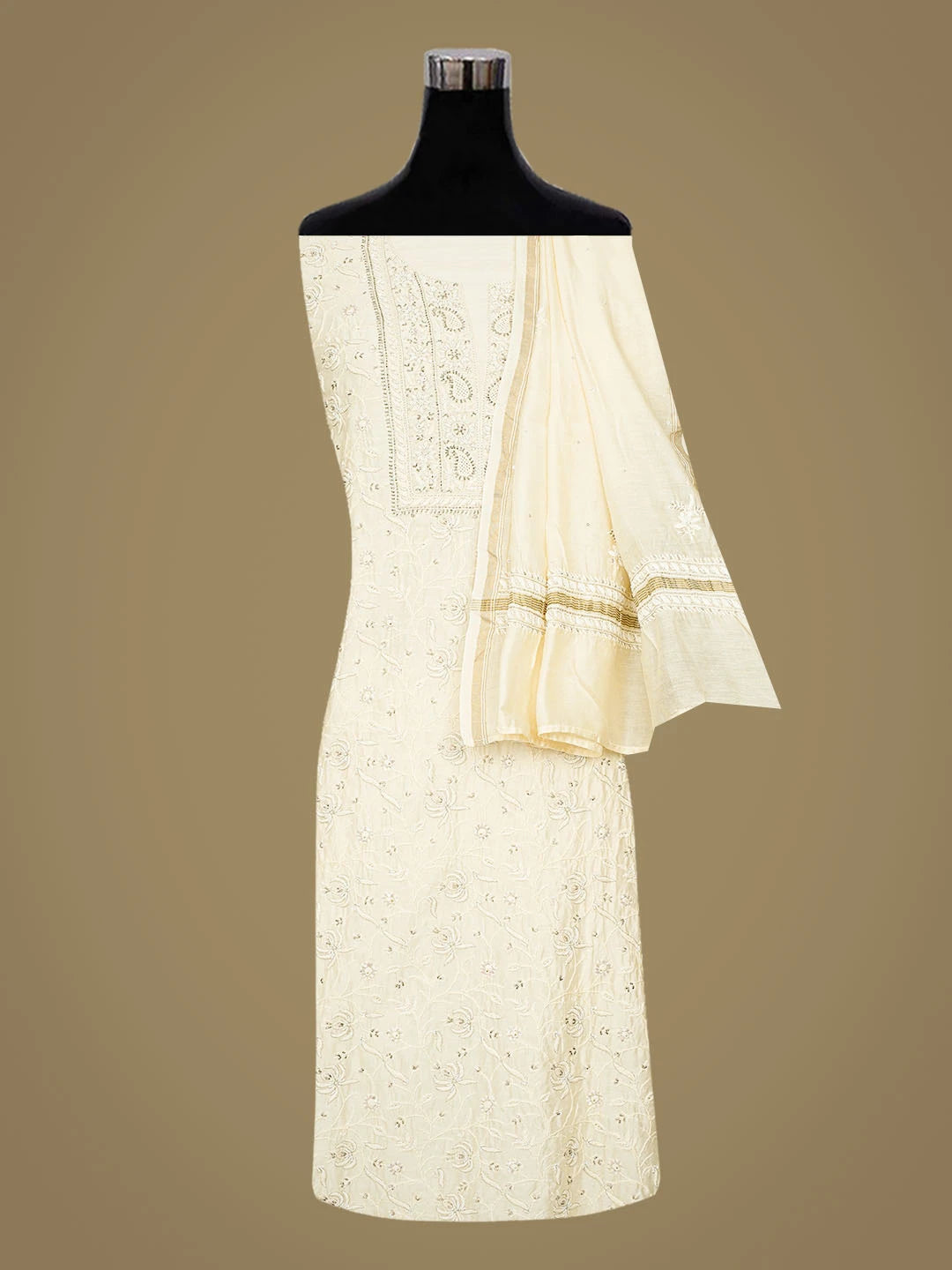 Ada Hand Embroidered Beige Chanderi Lucknowi Chikankari Unstitched Kurta Dupatta Set With Cutdana Work 01A535358
