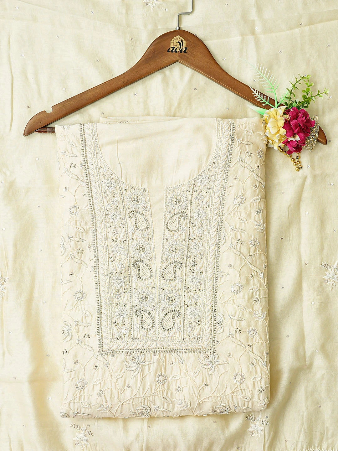 Ada Hand Embroidered Beige Chanderi Lucknowi Chikankari Unstitched Kurta Dupatta Set With Cutdana Work 01A535358