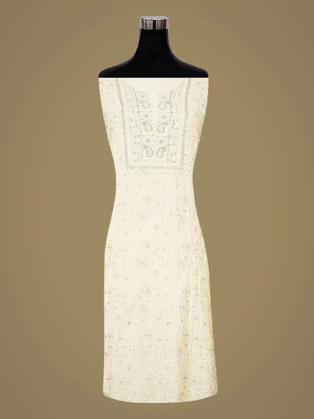 Ada Hand Embroidered Beige Chanderi Lucknowi Chikankari Unstitched Kurta Dupatta Set With Cutdana Work 01A535358