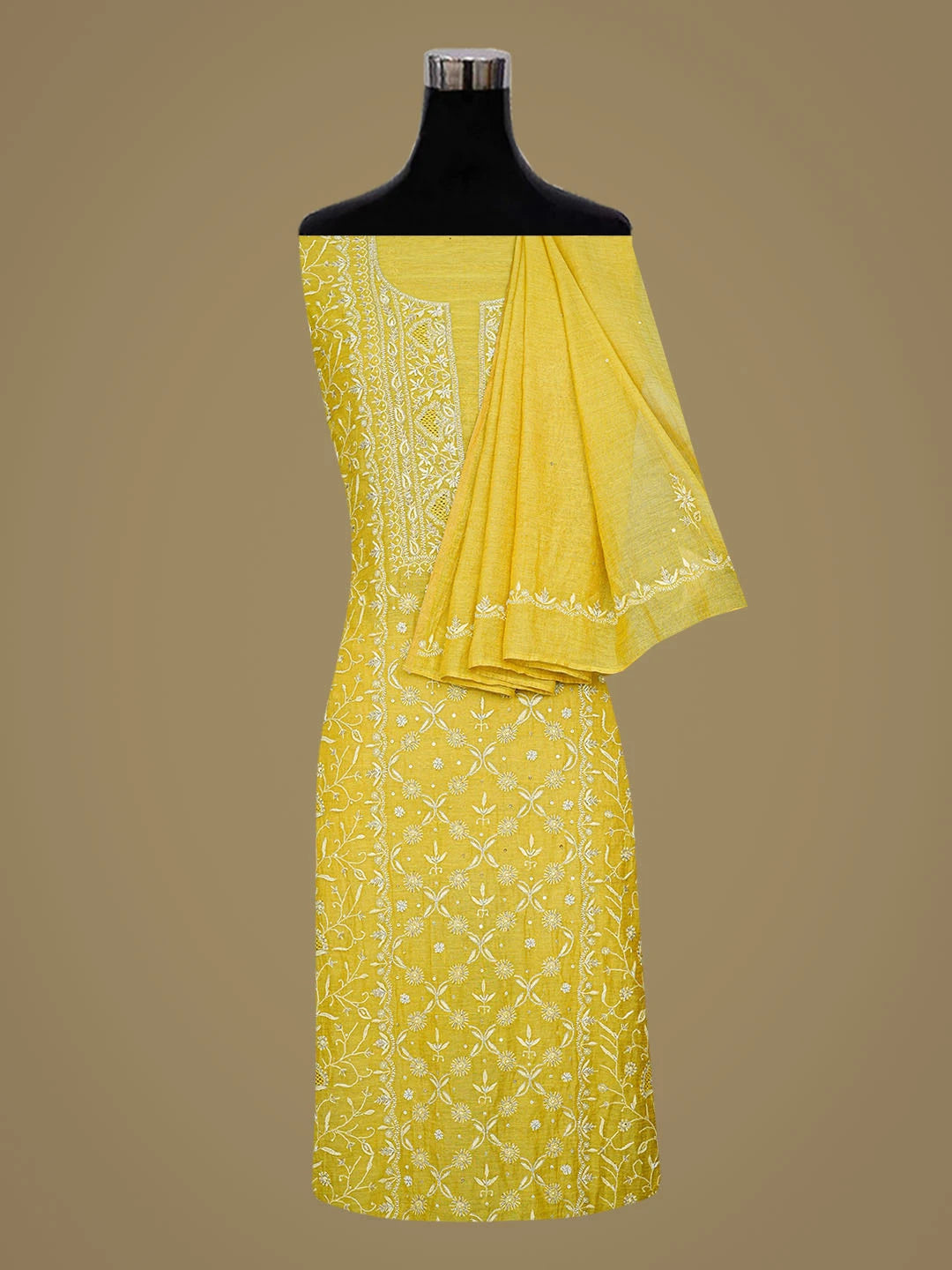 Ada Hand Embroidered Mehandi Green Tissue Lucknowi Chikankari Unstitched Kurta Dupatta Set With Cutdana Work 01A718623