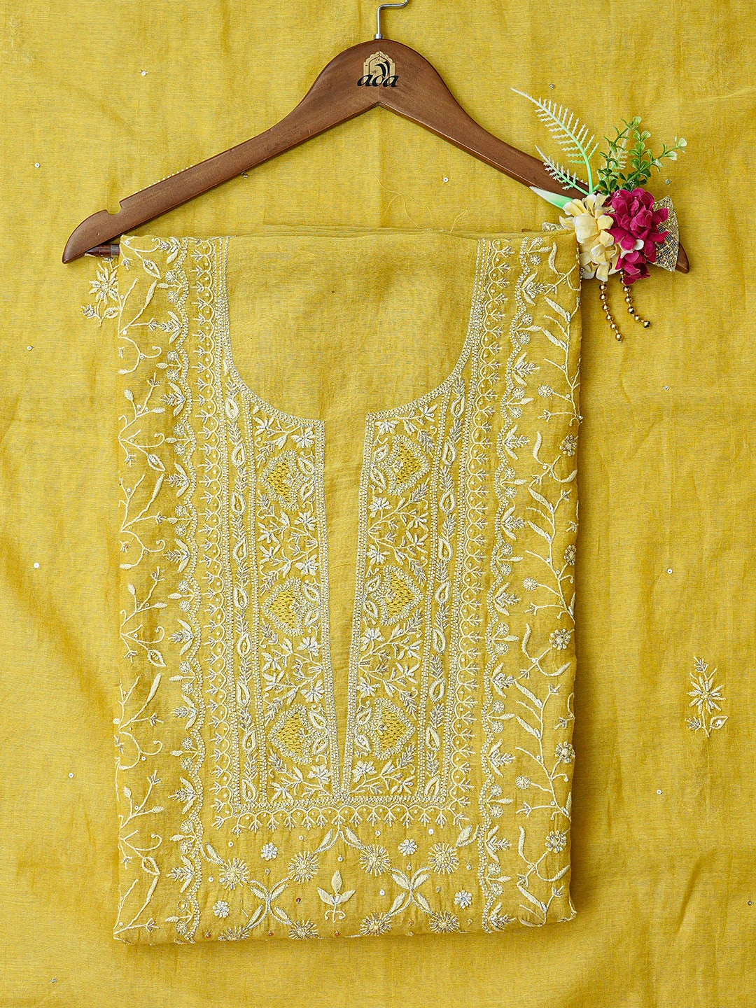 Ada Hand Embroidered Mehandi Green Tissue Lucknowi Chikankari Unstitched Kurta Dupatta Set With Cutdana Work 01A718623