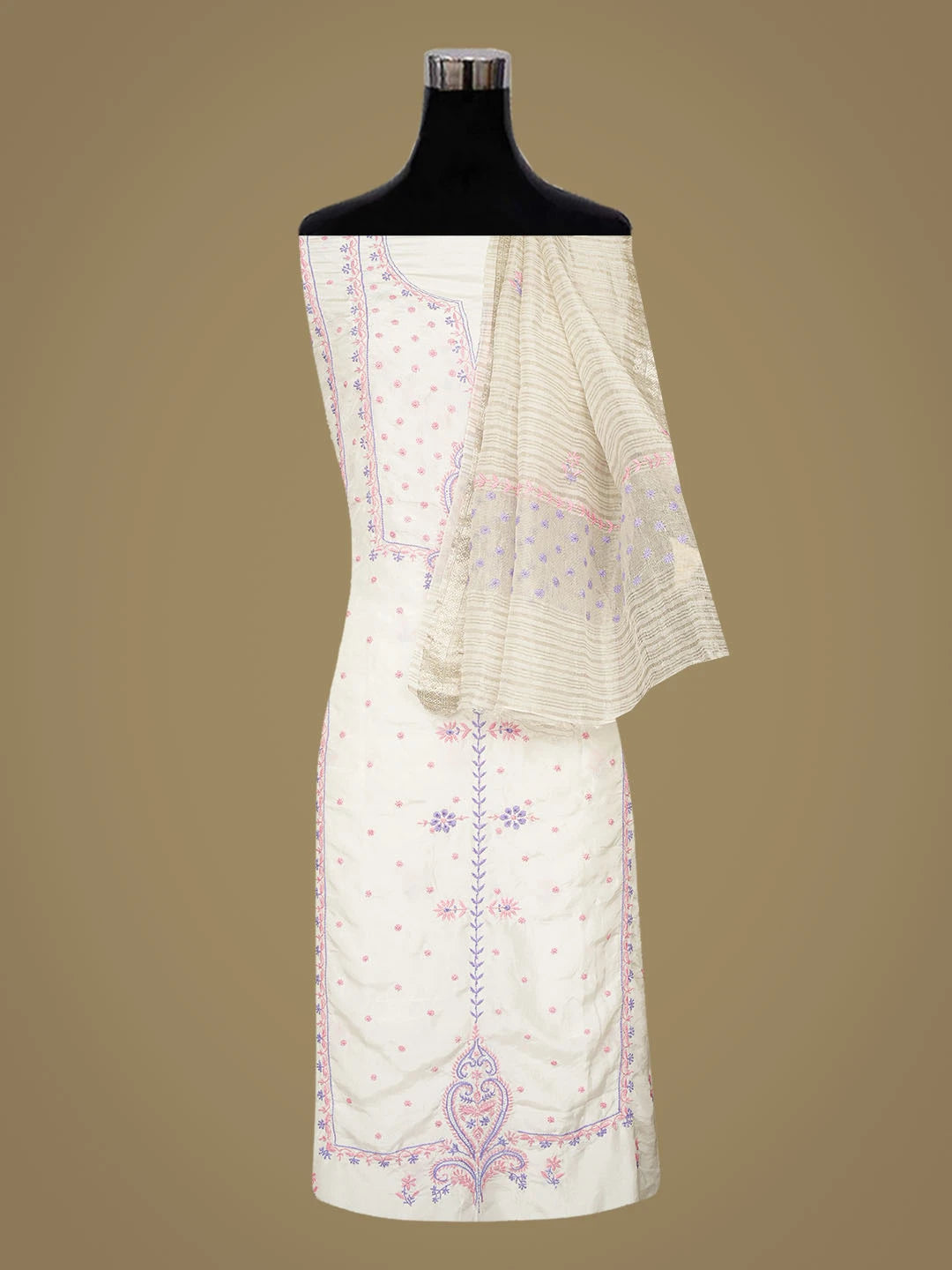 Ada Hand Embroidered White Silk Lucknowi Chikankari Unstitched Kurta Dupatta Set 01A646684