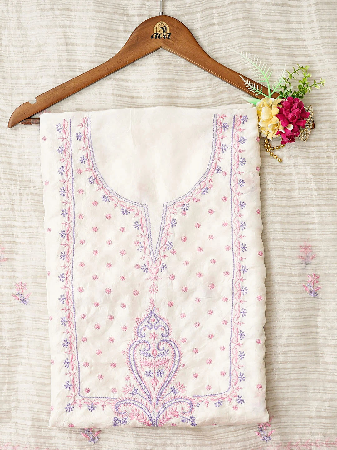 Ada Hand Embroidered White Silk Lucknowi Chikankari Unstitched Kurta Dupatta Set 01A646684