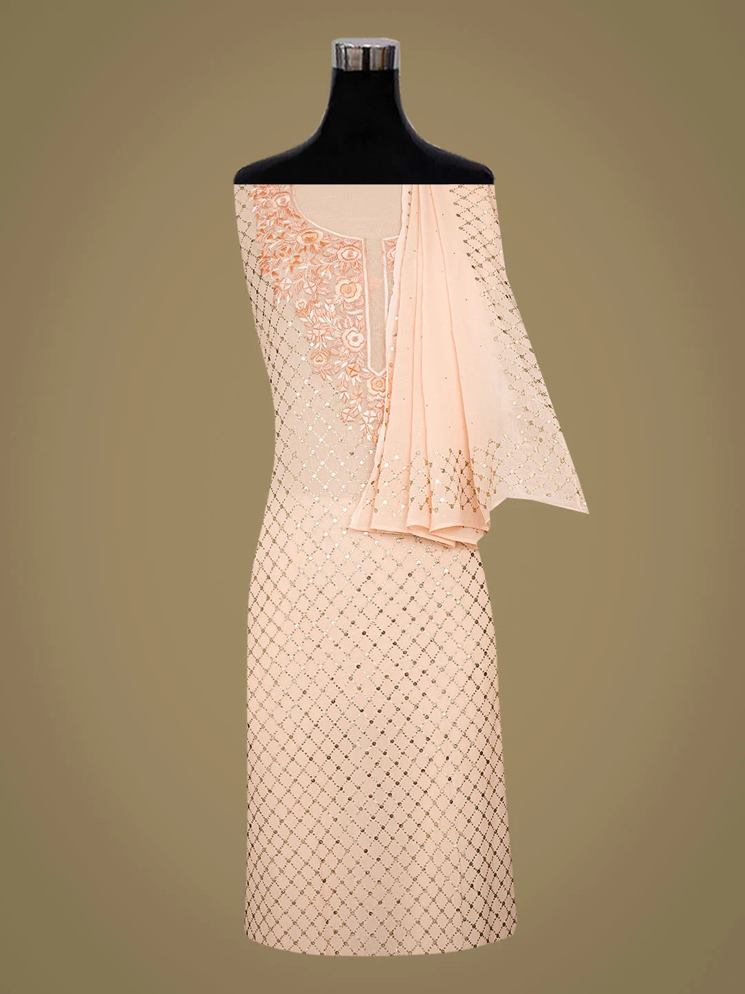 Ada Hand Embroidered Peach Viscose Georgette Lucknowi Chikankari Unstitched Kurta Dupatta Set With Parsi Work 01A591789