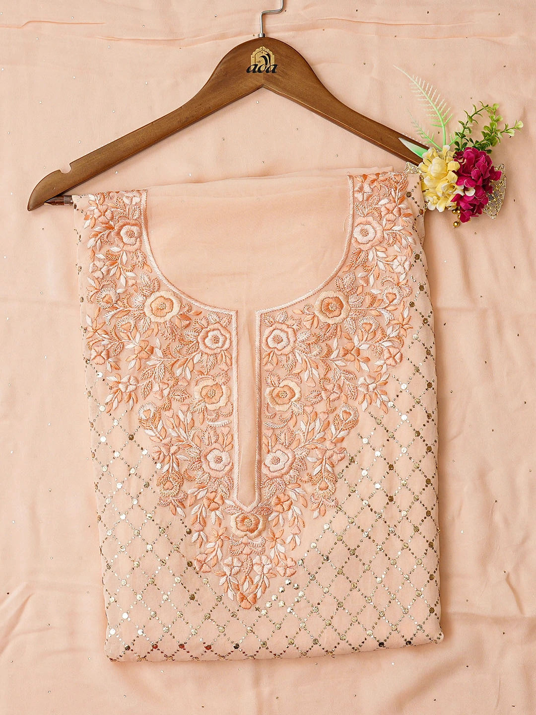 Ada Hand Embroidered Peach Viscose Georgette Lucknowi Chikankari Unstitched Kurta Dupatta Set With Parsi Work 01A591789