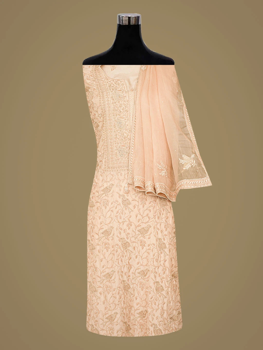 Ada Hand Embroidered Dusty Rose Silk Lucknowi Chikankari Semi-Stitched Kurta Dupatta Set With Cutdana Work 01A791820