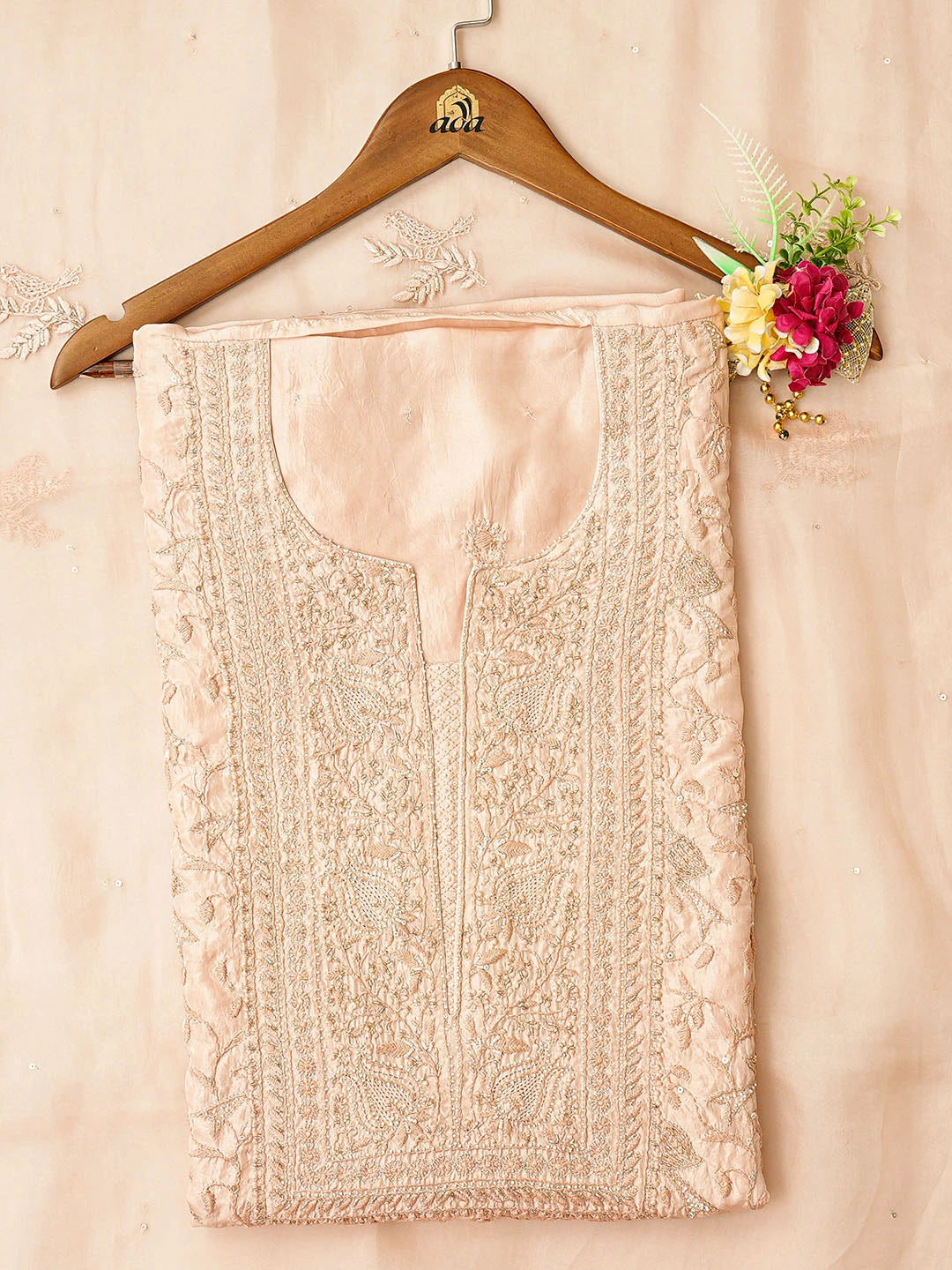 Ada Hand Embroidered Dusty Rose Silk Lucknowi Chikankari Semi-Stitched Kurta Dupatta Set With Cutdana Work 01A791820