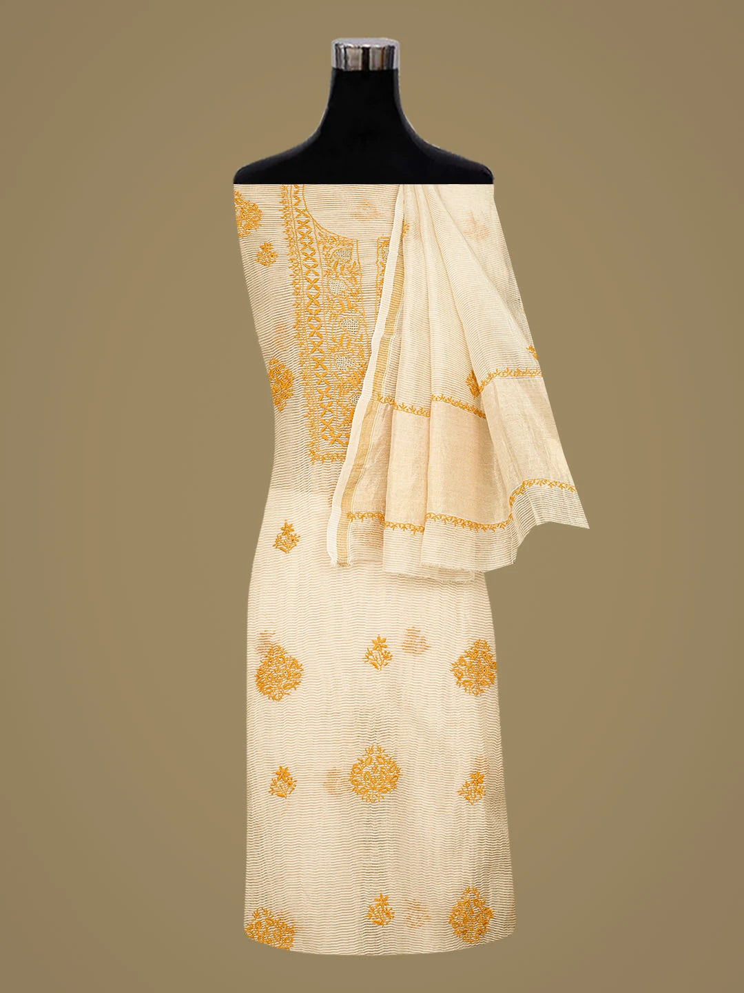 Ada Hand Embroidered Fawn Tissue Lucknowi Chikankari Unstitched Kurta Dupatta Set With Zari Work 01A858585