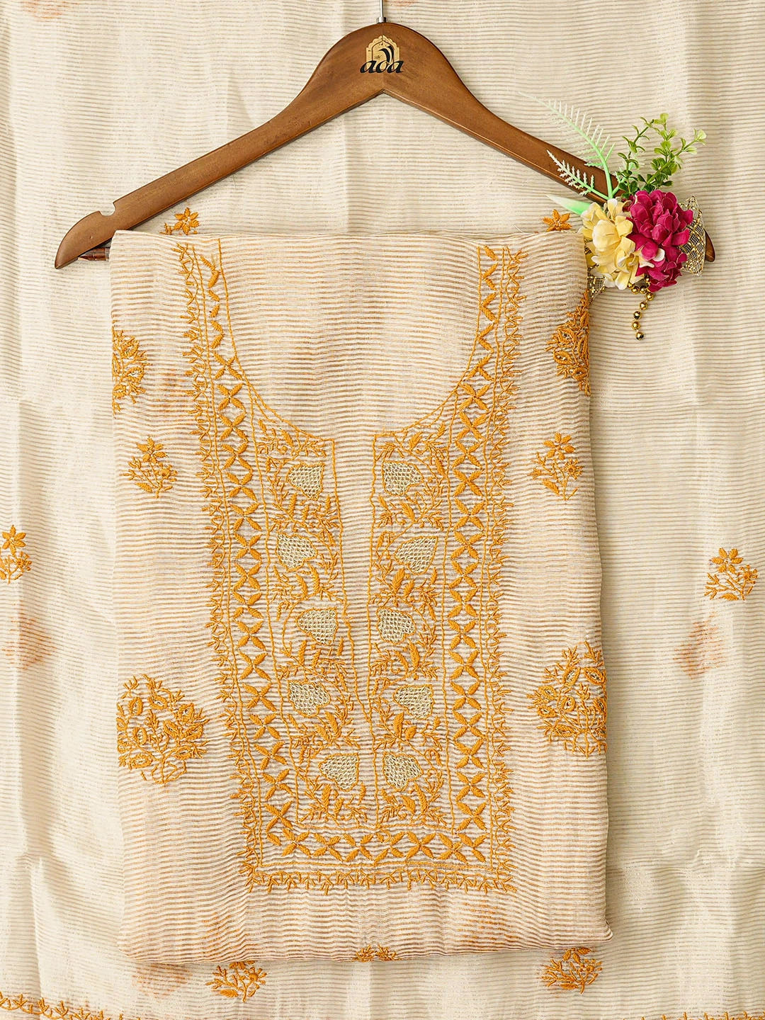 Ada Hand Embroidered Fawn Tissue Lucknowi Chikankari Unstitched Kurta Dupatta Set With Zari Work 01A858585