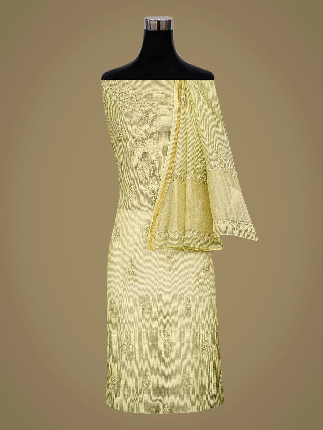 Ada Hand Embroidered Green Tissue Lucknowi Chikankari Unstitched Kurta Dupatta Set 01A698651