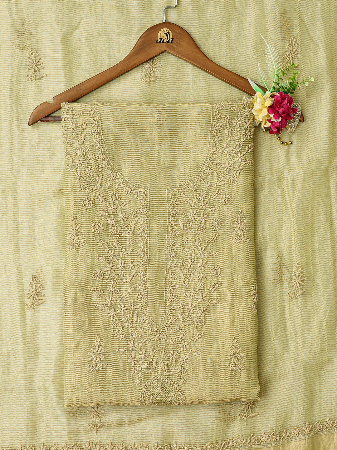 Ada Hand Embroidered Green Tissue Lucknowi Chikankari Unstitched Kurta Dupatta Set 01A698651