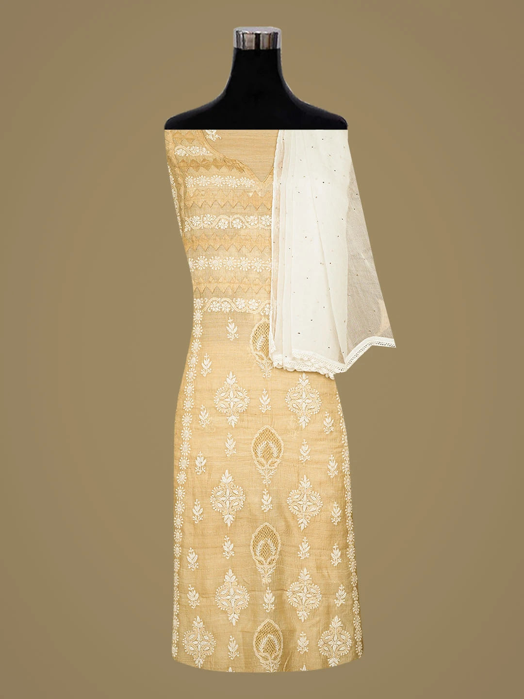 Ada Hand Embroidered Fawn Silk Lucknowi Chikankari Unstitched Suit Piece 01A593038