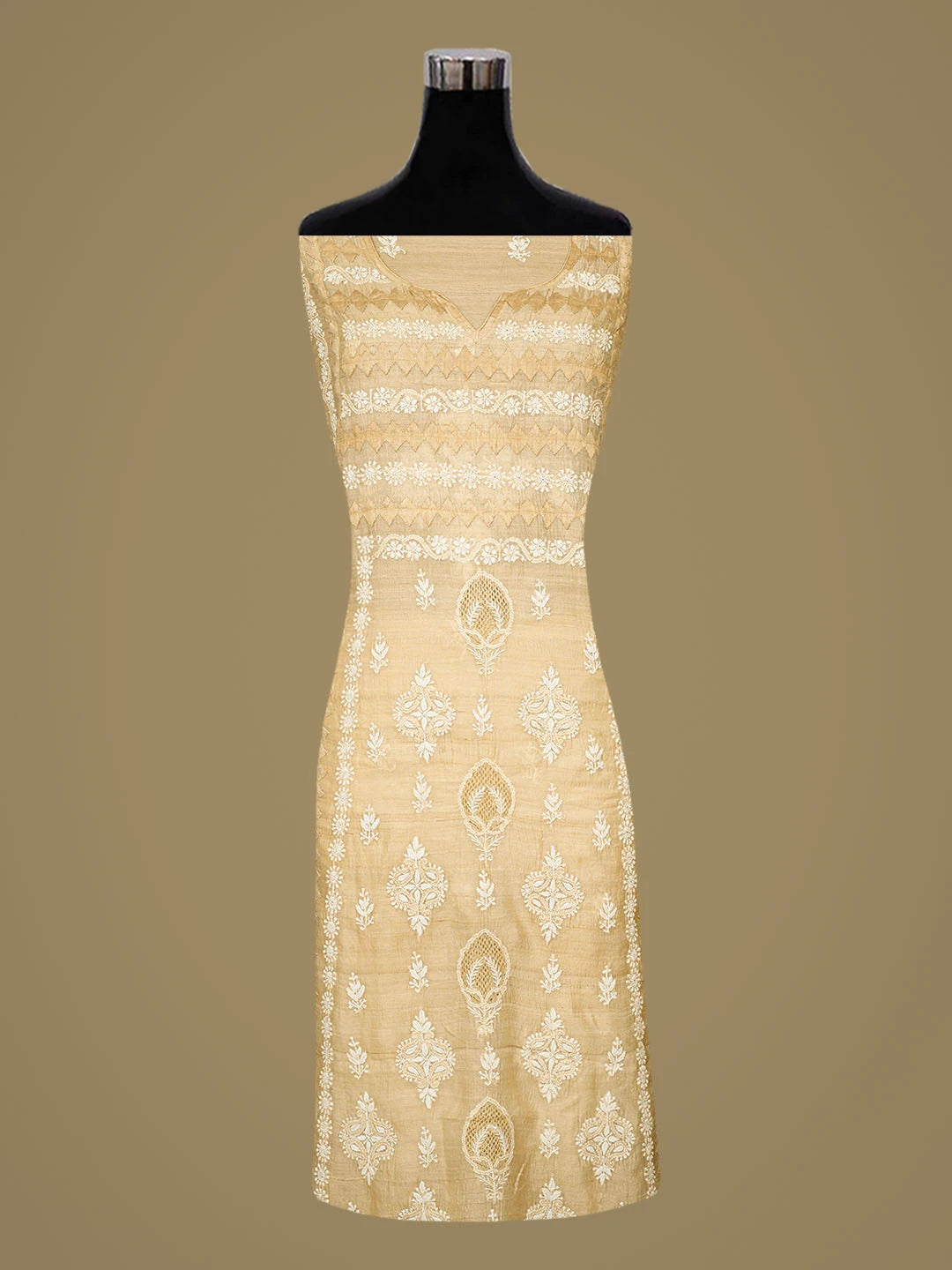 Ada Hand Embroidered Fawn Silk Lucknowi Chikankari Unstitched Suit Piece 01A593038