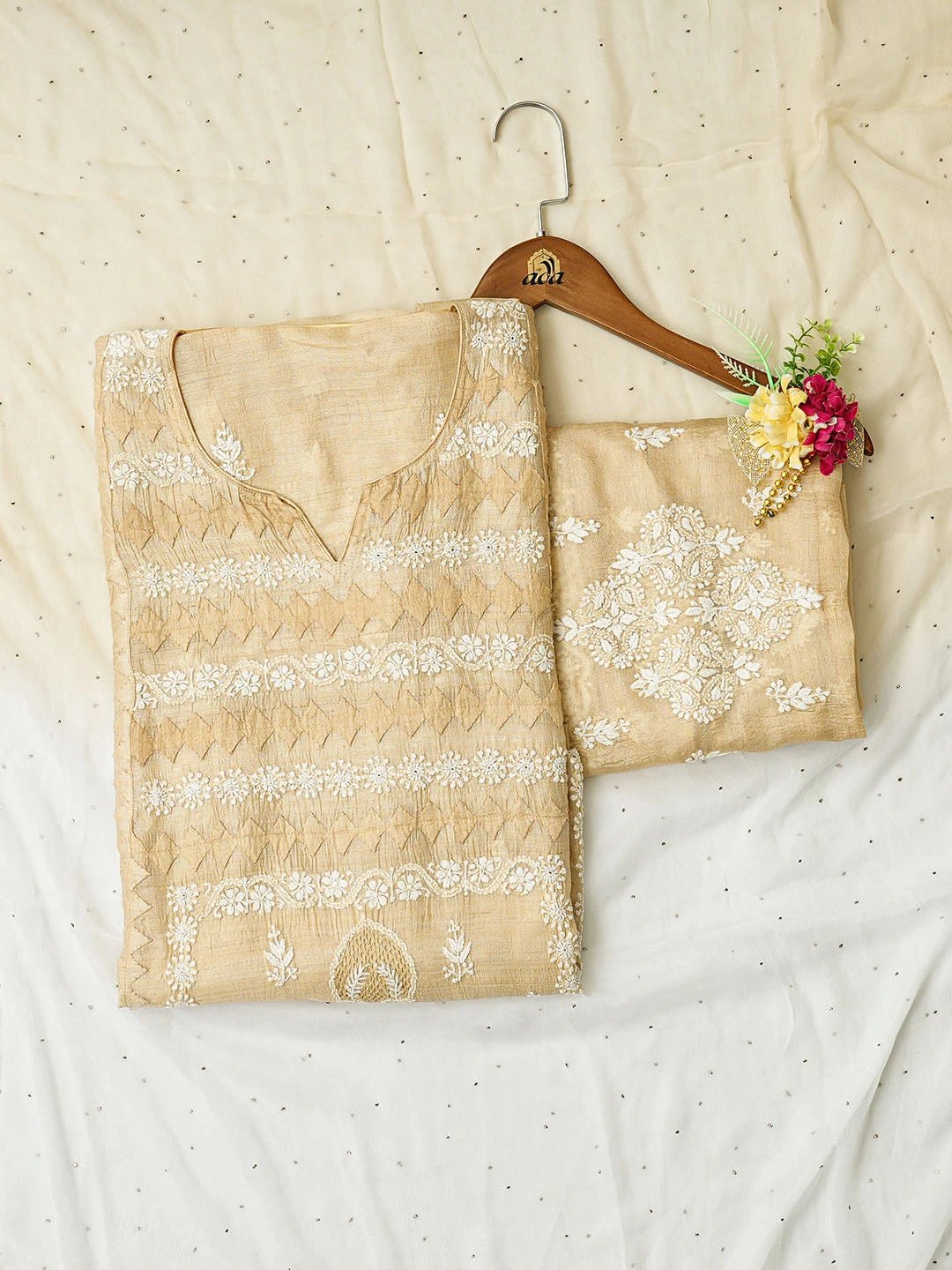 Ada Hand Embroidered Fawn Silk Lucknowi Chikankari Unstitched Suit Piece 01A593038