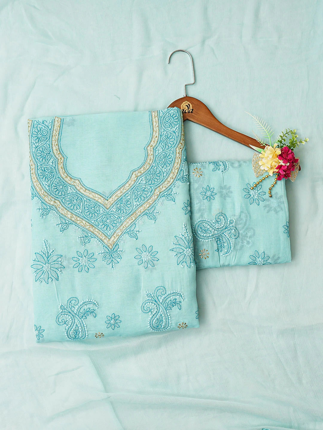 Ada Hand Embroidered Blue Cotton Lucknowi Chikankari Unstitched Suit Piece With Zari Taar Work 01A390501