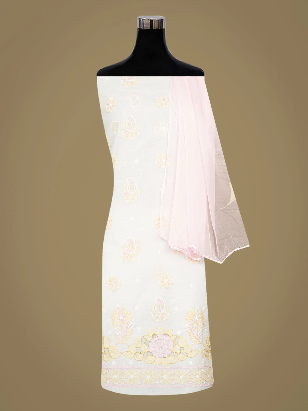 Ada Hand Embroidered White Cotton Lucknowi Chikankari Unstitched Suit Piece 01A821802