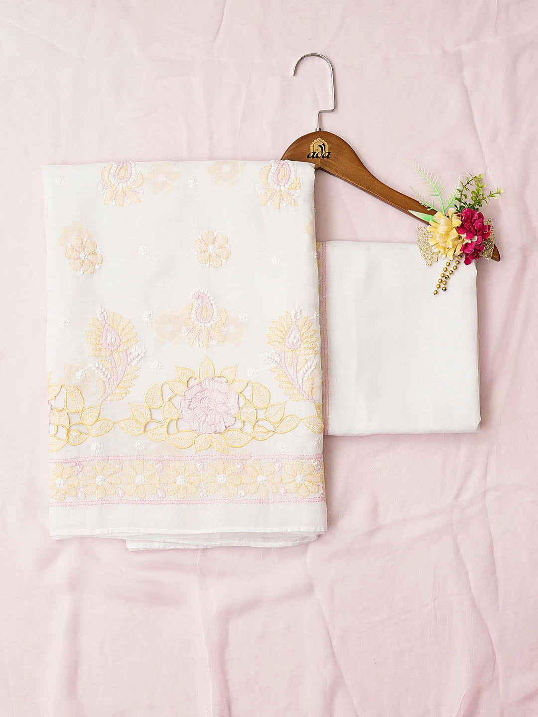 Ada Hand Embroidered White Cotton Lucknowi Chikankari Unstitched Suit Piece 01A821802